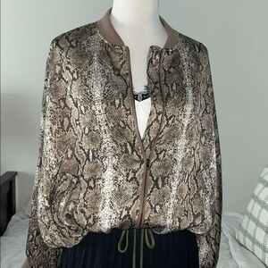 ACOA L. Casual loose fit tan brown Snake Print zip up relaxed Bomber Jacket